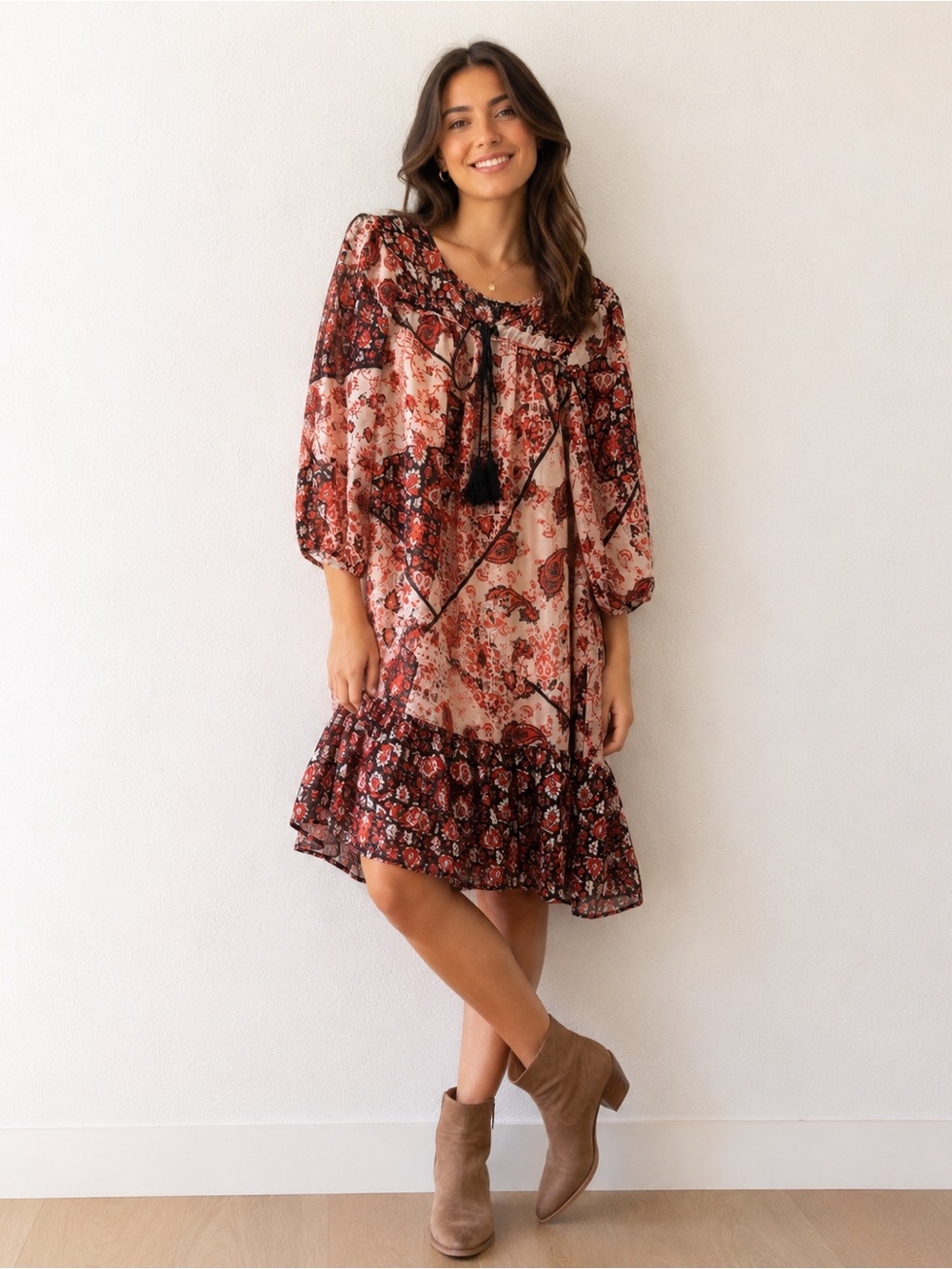 Fifth & Park Paisley Boho Tunic Dress Tassel Tie Ruffled Hem Women's Size 10